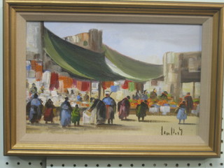 20th Century oil on board "Market Scene with Figures 7" x 11"