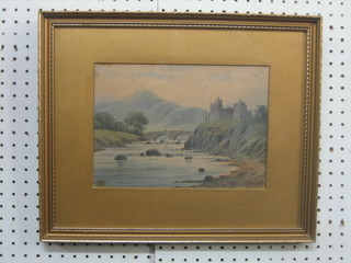 H Mace, watercolour drawing "Ruined Castle with River, Bridge and Mountain in the Distance" 7" x 10"