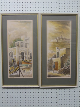 A pair of drawings of Malta "Marsaxlokk" & "Mdina" 16" x 7"