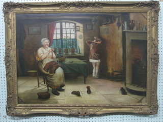 19th Century oil painting on canvas "Interior Kitchen Scene with Scolded Child and Seated Lady" 23" x 33" (re-lined)