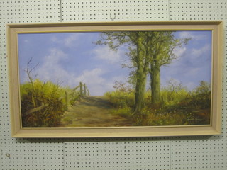 Maxwell Parsons, oil on canvas "Track with Trees" 17" x 35" signed and dated '73