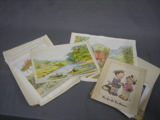 J R Agar, a collection of various unframed watercolours and illuminated mottoes