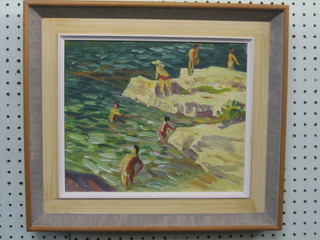 William Wardon, oil painting on board "Impressionist Scene with Bathers" 10" x 12"