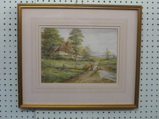 Edward A Swan?, watercolour drawing "Country Scene with Cottage and Figure by Bridge" 7" x 10"