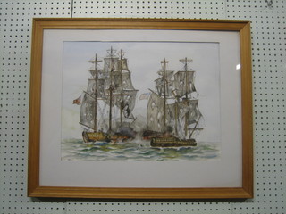 R Sear, watercolour drawing "American War Ship and British Ship in Naval Engagement" 14" x 19"