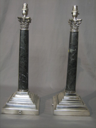 A pair of grey marble and silver plated electric table lamps with stepped bases and Corinthian capitals 18"