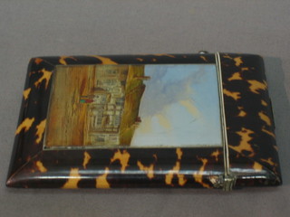 A 19th Century tortoiseshell and enamelled card case with panel decorated Shakespeare's house 5"