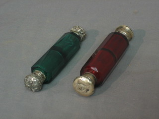 A Victorian red glass double ended scent bottle with silver mounts 5", together with a veridian coloured ditto 4" (mount f)