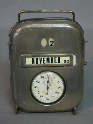 A silver travelling watch case with date, month and calendar aperture, Birmingham 1920, containing an associated stop watch