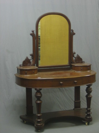 A Victorian mahogany D shaped Duchess dressing table with mirror, fitted 2 glove drawers above 1 long drawer 46"