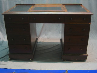 A Victorian mahogany kneehole pedestal desk with inset tooled leather writing surface fitted a hinged lid and recess, the base fitted 1 long dummy drawer and 8 short drawers, 49"