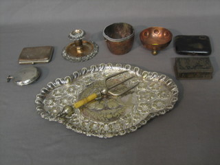 An embossed silver plated dressing table tray, a silver plated chamber stick and a small collection of plated items