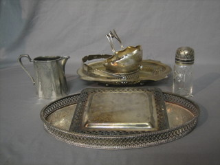 An oval silver plated galleried tray 12", cut glass sugar sifter and a quantity of silver plated items