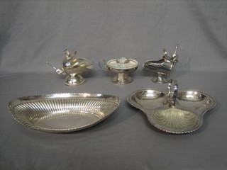 A silver plated 3 division hors d'eouvres dish, an oval boat shaped dish, 2 silver plated sugar scuttles etc