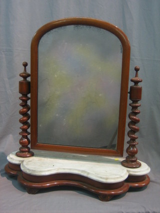A Victorian arch plate dressing table mirror contained in a mahogany frame, the base of serpentine outline and with a white veined marble top 24"