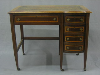An Edwardian inlaid mahogany pedestal desk with inset tooled leather writing surface above 1 long and 4 short drawers, raised on square tapering supports 36"