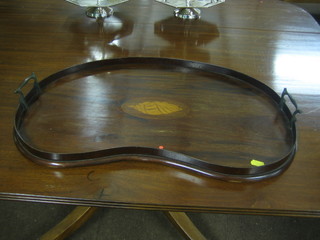 An inlaid mahogany kidney shaped tray 23"