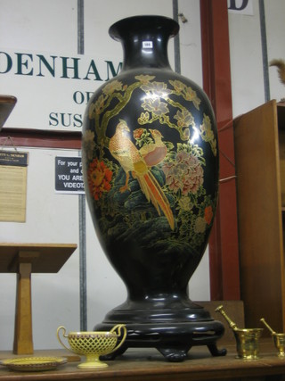 A large 20th Century Oriental lacquered vase decorated a bird amidst branches  44"