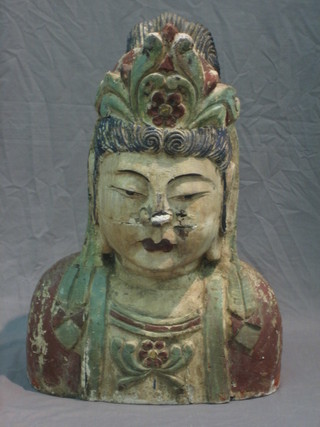 A modern Eastern carved wooden head and shoulders portrait bust of a Deity 28"  of a Buddha