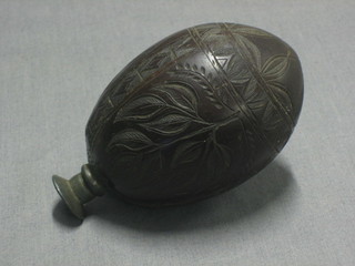 An 18th/19th Century carved wooden gourd shaped flask, carved flags and thistles 4"