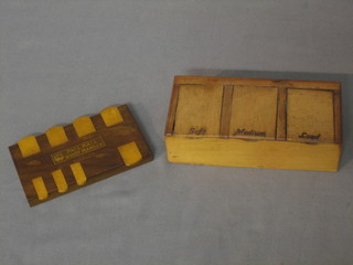 A wooden Palmall Whist/Bezeek marker and a rectangular wooden gramophone needle box - soft, medium and loud