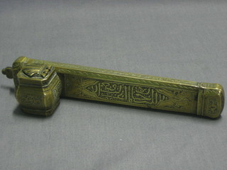 A 19th Century Persian engraved brass pen case incorporating an inkwell 8"