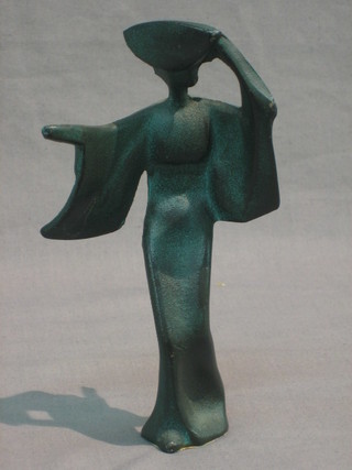 An Oriental bronze figure of a standing lady 7"