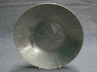 A planished pewter bowl decorated birds in flight, the base marked Handforged Ever Lasting Metal, 10"