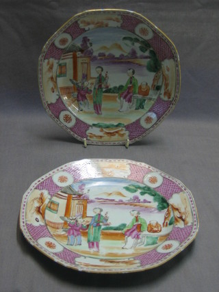 A pair of 18th Century Canton famille vert porcelain plates decorated figures 9"