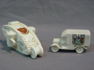 A crested china model of a lorry decorated the arms of Southend on Sea 4" and 1 other in the form of a WWI tank 6"