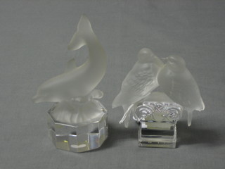 A Goebal glass sculpture of 2 Love Birds 3 1/2" (slight chip to birds tail) and a  Goebal glass figure of a dolphin 5"