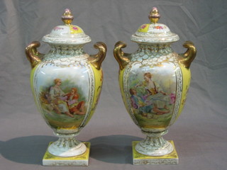A pair of Dresden style twin handled urns and covers decorated romantic scenes 14"