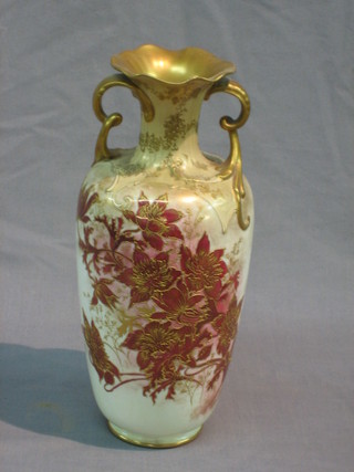 A Royal Doulton twin handled club shaped vase with floral decoration 10"
