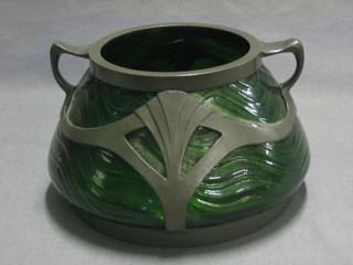 An Art Nouveau green glass and pewter twin handled bowl 7"