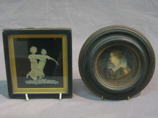 A wax portrait miniature of Elizabeth I 3" contained in an oval frame and 1 other of two standing ladies