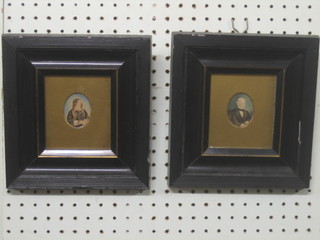 A pair of Victorian enhanced miniature portrait prints "Lady and Gentleman" 2" oval