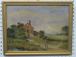 C Preston,  oil on board "Study of Country Cottage with Figures" 9" x 12"