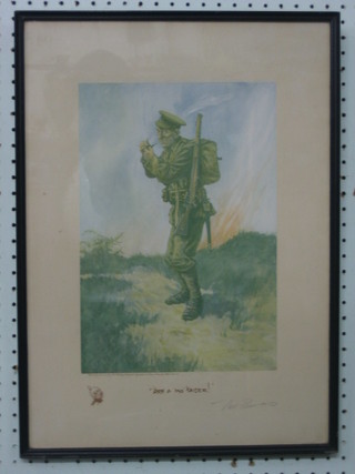 After Bert Thompson, a First World War coloured print "Arfa Mo Kaiser" 13" x 9"