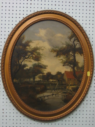 19th Century oil painting on board "Watermill" 18" oval