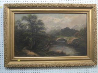 A 19th Century oil painting on board "River with Bridge and Castle in the Distance" 17" x 29"