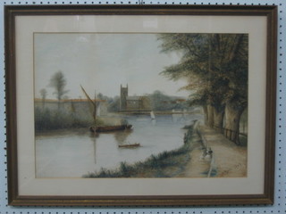 A Martin, watercolour "River Scene with Figures Walking, Church in Distance" 14" x 21"