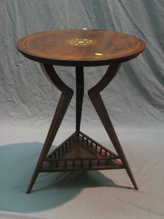 An Aesthetic movement circular inlaid rosewood occasional table with bobbin turned decoration, raised on 3 shaped supports with undertier, 21 1/2"