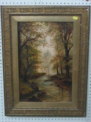 Oil painting on canvas "Wooded River" 17" x 11" indistinctly signed