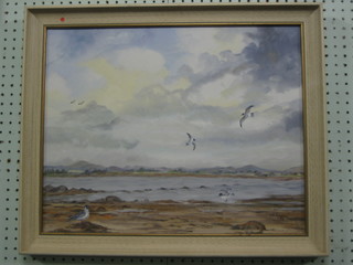 J R Ahearn , oil painting on canvas "Estuary Scene with Seagulls" 15" x 19"  signed