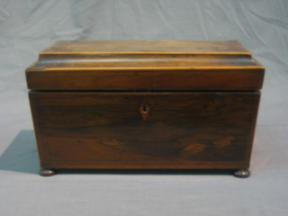 A Victorian rosewood twin compartment tea caddy of sarcophagus form with hinged lid (hinges f) fitted 2 caddies and cut glass mixing/sugar bowl 12"