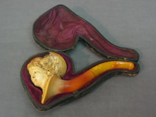A Victorian carved Meerschaum pipe the bowl in the form of a lady's head