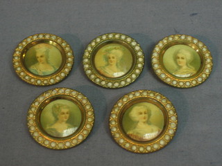 A set of 5 19th/20th Century buttons decorated portraits of ladies with "demi-pearl" set frames 