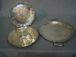 An Art Deco style silver plated tray 12", 1 other Art Deco salver 10" and a bracketed and engraved salver 10"