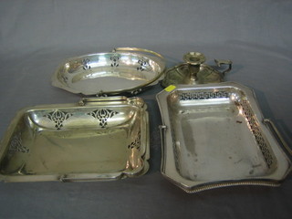 A silver plated chamber stick and 3 silver plated hip flasks