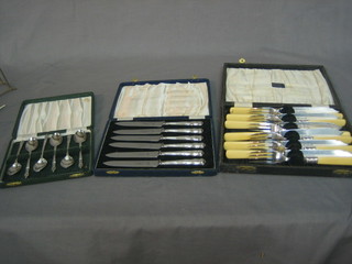 A set of 6 silver plated fish knives and forks, a set of 6 tea knives and a set of 6 silver plated apostle spoons, all cased